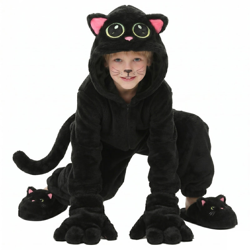 Child wearing black cat costume hooded plush jumpsuit crouching with paw gloves and tail