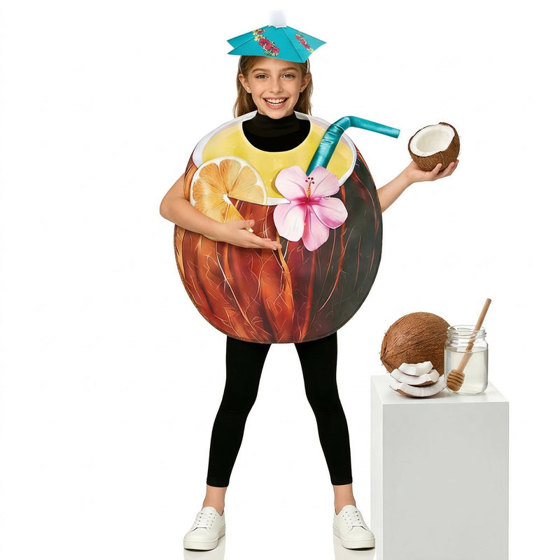 Kids Coconut Drink Costume - Tropical Beverage Tabard & Umbrella Hat