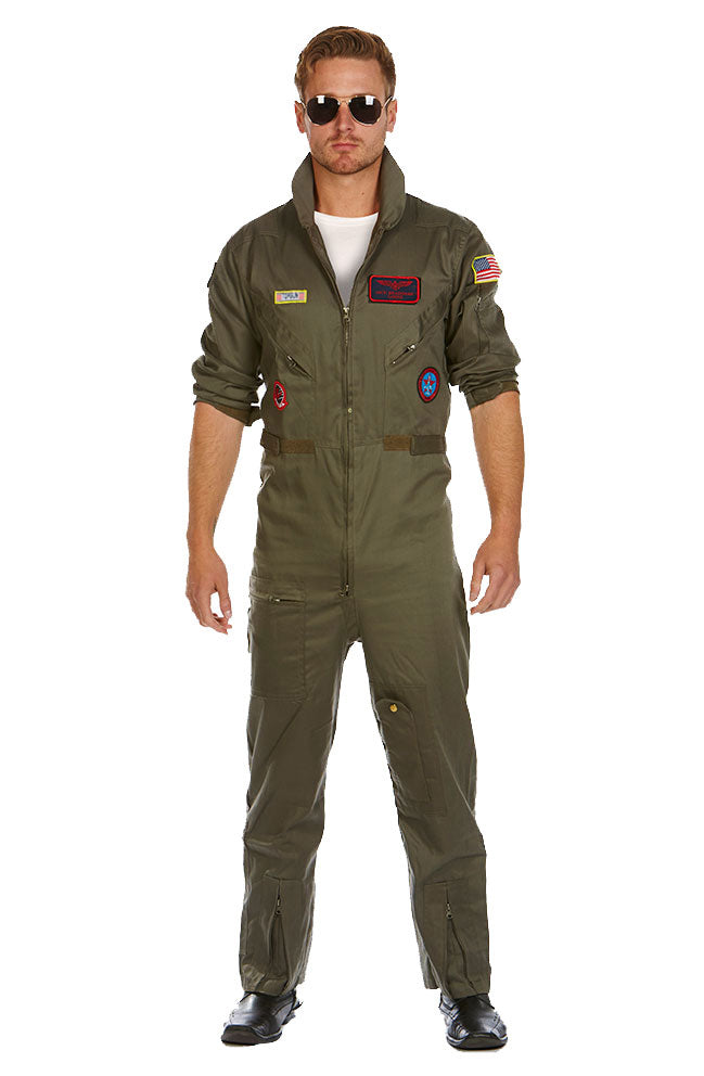 Mens Aviator Pilot Flight Suit 80s Costume + Accessory