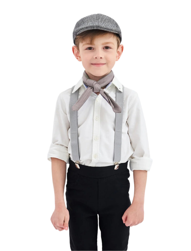 Grey Victorian boy colonial boy costume cap hat braces neckerchief 3pcs set kit