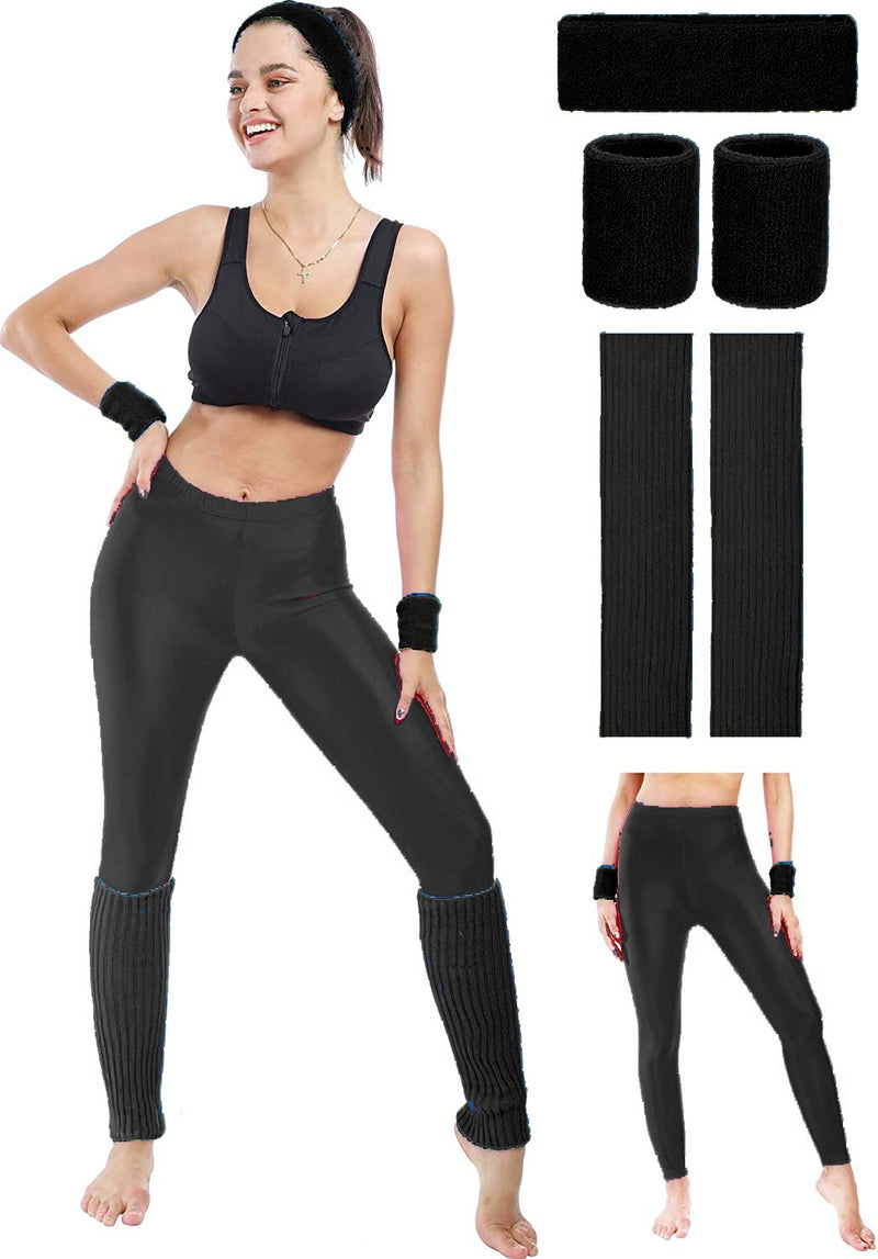 Black Adult 80s Aerobics Costume Set - Neon Leggings Leg Warmers Headband