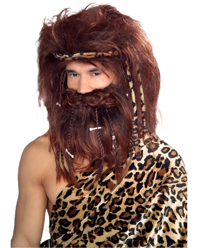 Caveman Jungle Wig Beard Set Mens Costume Stone Age Wild Man Hagrid