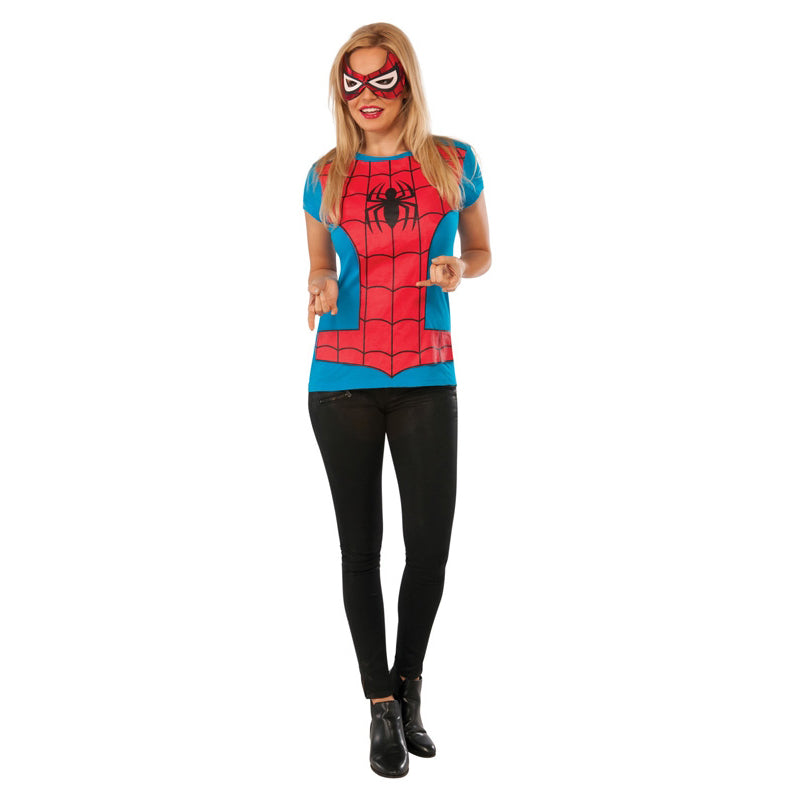 Womens Spider Girl Tshirt Mask Super Hero Justice League Fancy Dress Costume