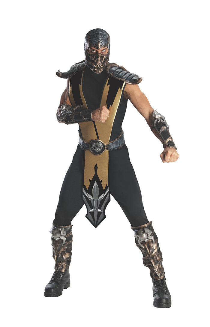 Mens Deluxe Mortal Kombat Scorpion Fancy Ninja Halloween Karate Costume Outfit