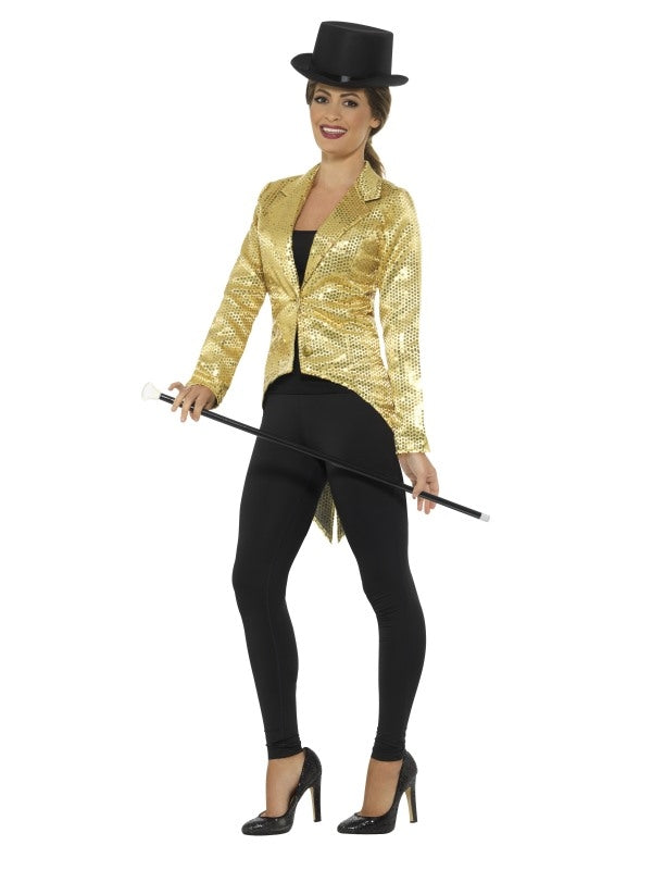 Ladies Gold Fancy Dress Tailcoat Sequin Jacket Cabaret Outfit Showtime Waistcoat