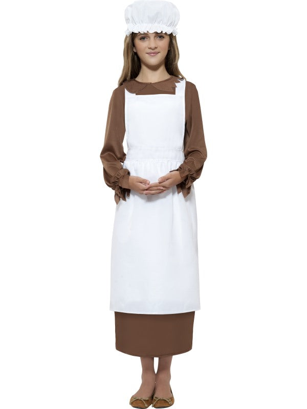 Victorian Kit Girls Apron Mop Cap Orphan Peasant Costume School Dress Up