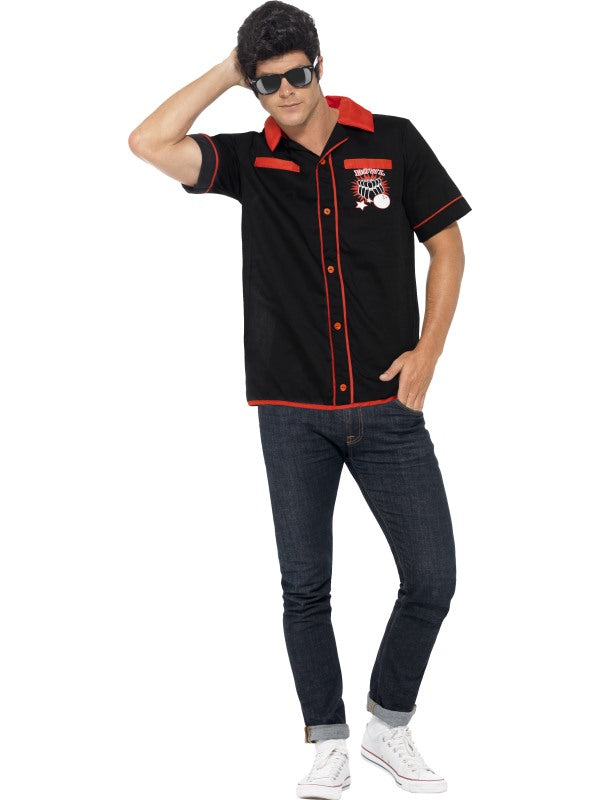 50s Mens Lucky Bowling Sports Shirt Rockabilly Highschool Costume