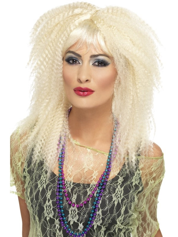 Blonde 80's Crimp Costume Wig Fringed Wild Rock Disco Diva