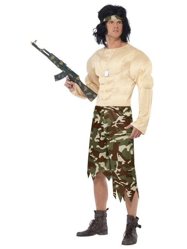Muscleman Muscle man Costume Padded Jumpsuit Headband Military Forces