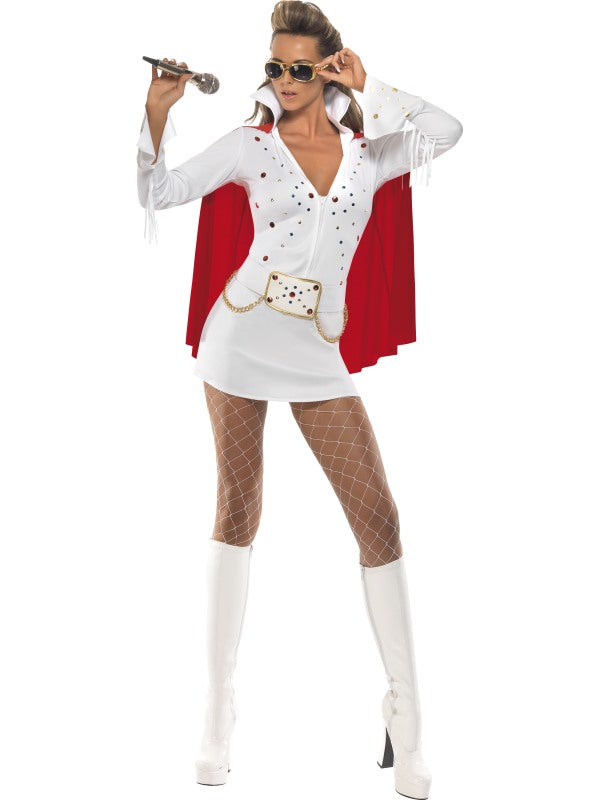 Ladies White 50s Elvis Presley Viva Las Vegas Fancy Dress Costume Outfit
