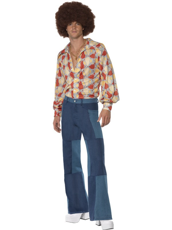 Mens 70s Flares Patchwork Denim Trousers Disco Dancer Pants Costume