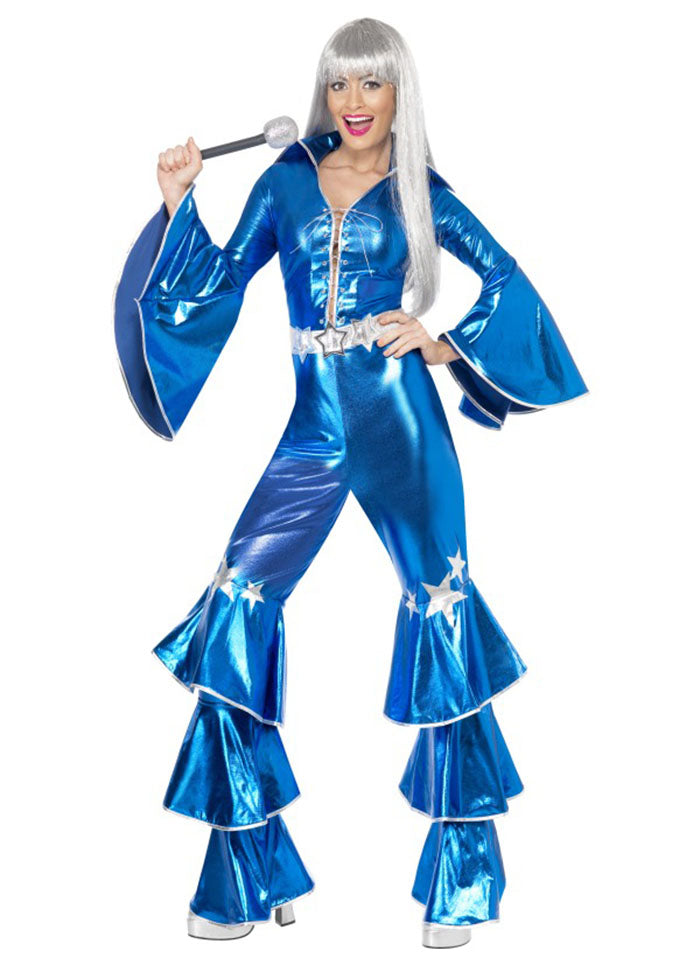 Ladies 70s Dancing Dream Disco Queen Blue Lame Costume