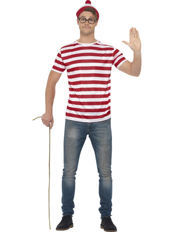 Mens Where's Wally Waldo Costume Kit Top Hat Glasses T-Shirt Outfit