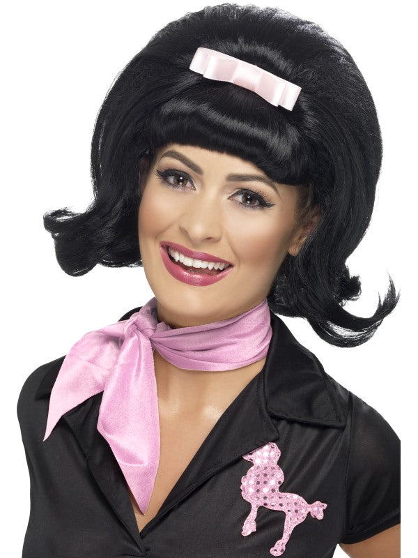 Ladies 50s Flicked Beehive Bob Hairspray Grease Black Flip Costume Party Wig