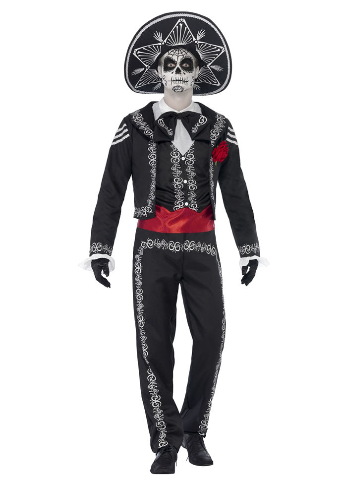 Mens Day Of The Dead Costume Halloween Skeleton Mexican Bond Fancy Dress Outfit