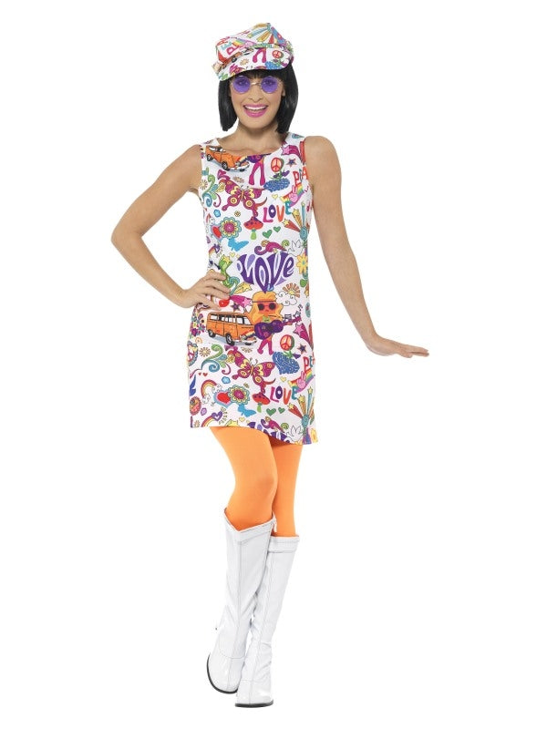 Ladies 60s Hippie Chick Disco 1970s Retro Groovy Go Go Dance Party Dress Costume