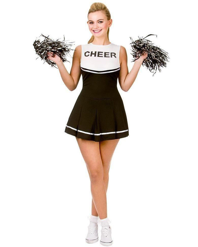 Black Ladies Cheerleader School Girl Uniform Fancy Dress Costume