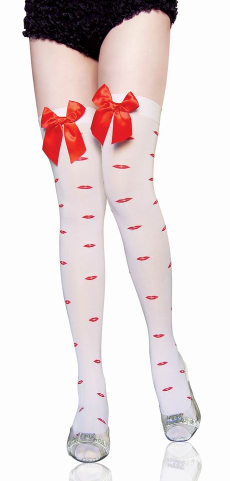 White Bows Lip Print Thigh High Stockings