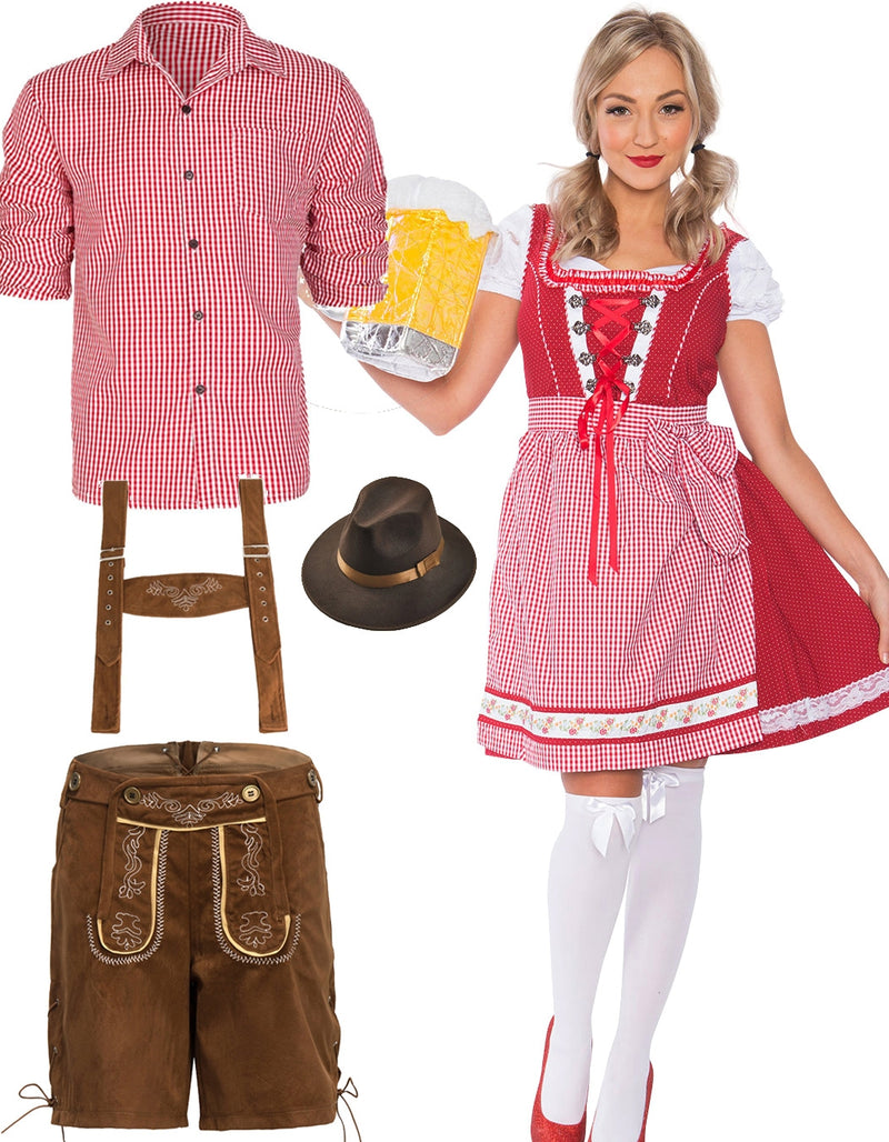 Red Couple Lederhosen Oktoberfest Beer Garden Costume