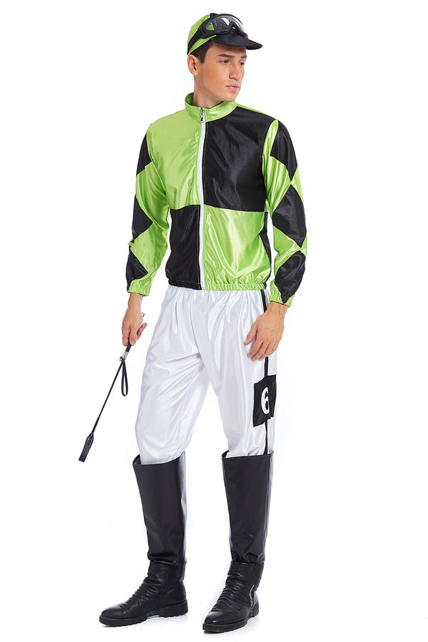 Green Black Jockey Horse Racing Rider Mens Uniform Fancy Dress Costume