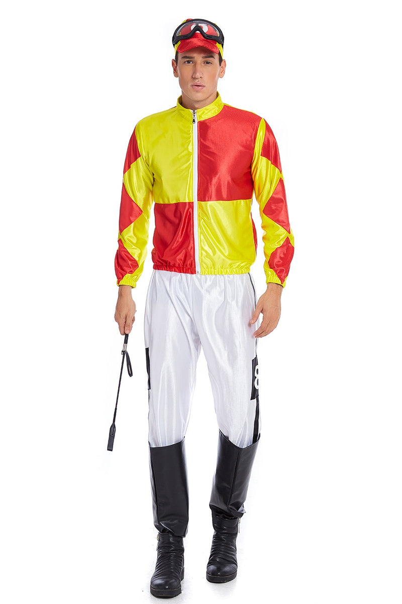 Yellow Red Jockey Horse Racing Rider Mens Uniform Fancy Dress Costume
