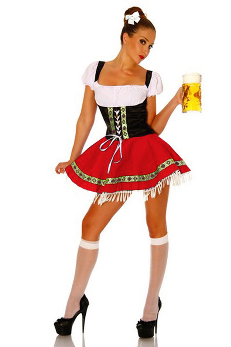 Women's red Bavarian beer girl costume with black bodice and white puff sleeves