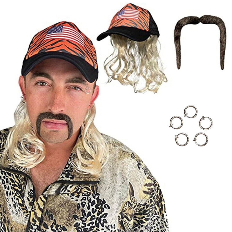 Tiger King Joe Cap with Mullet Wig Moustache Earrings