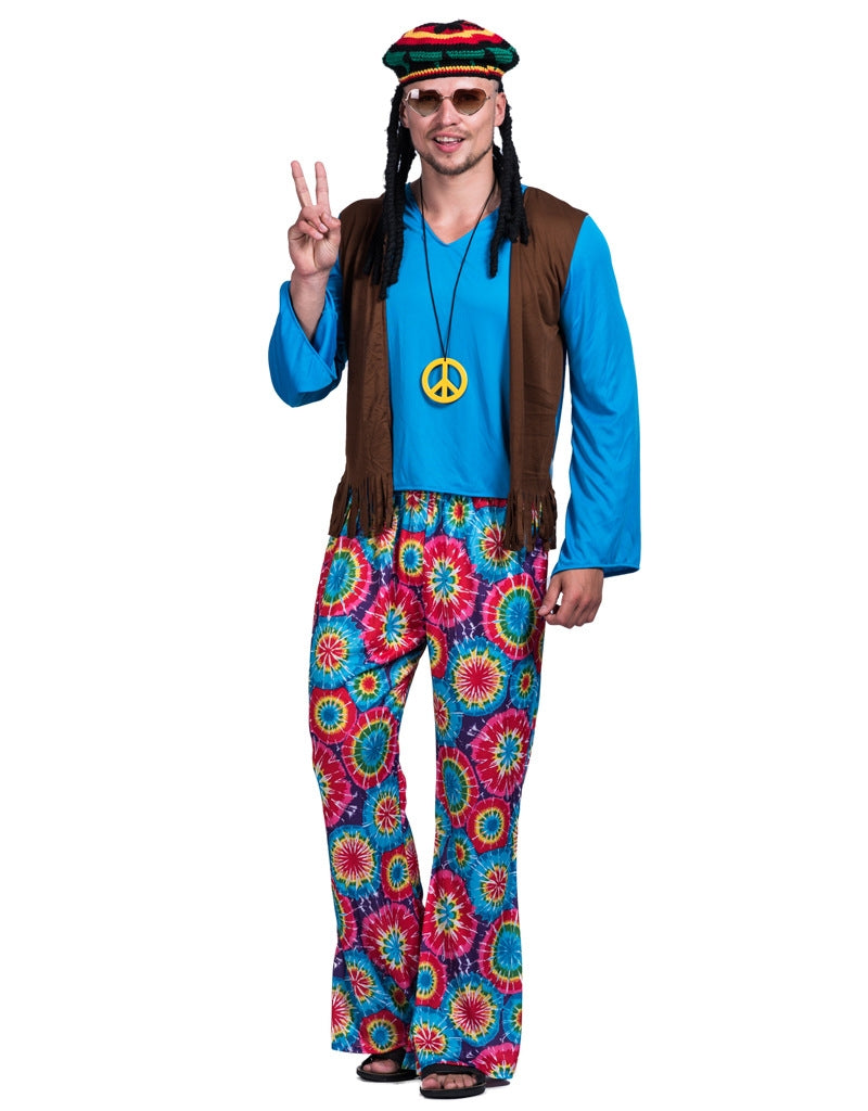 Kids 60s hippie costume with tie-dye pants and fringe vest front view
