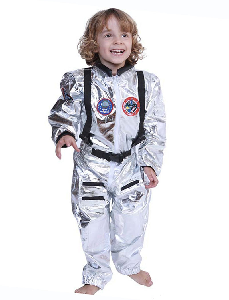 Child wearing silver astronaut jumpsuit with mission patches and black belt