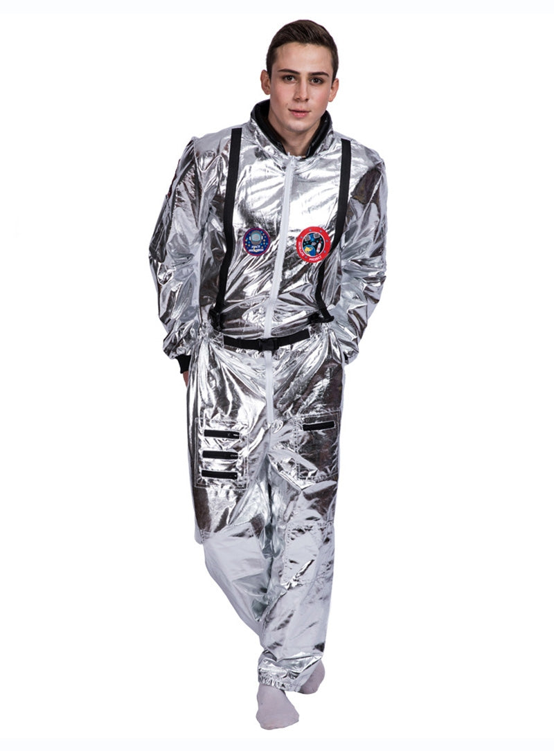 Kids silver astronaut costume jumpsuit with mission patches and harness straps