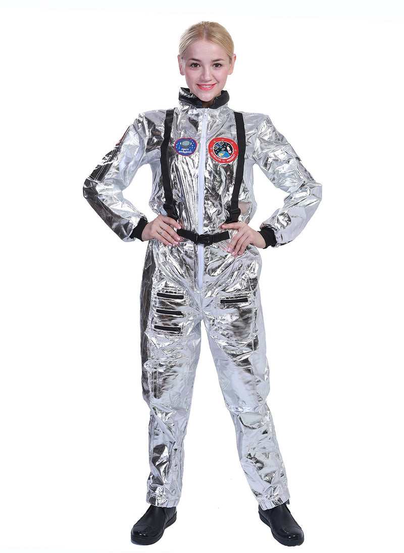 Kids silver astronaut jumpsuit with mission patches and black trim