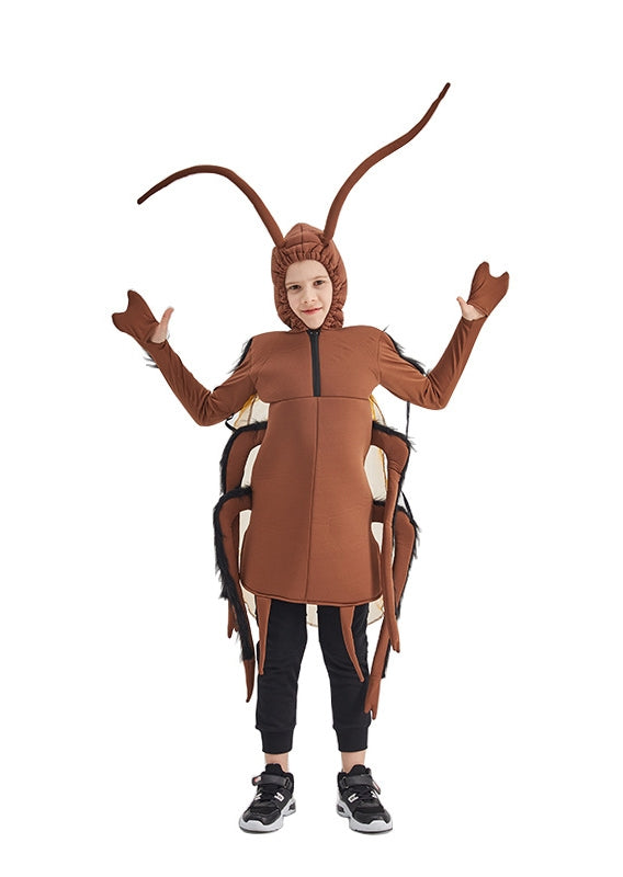 Child wearing brown cockroach costume with antennae and segmented legs