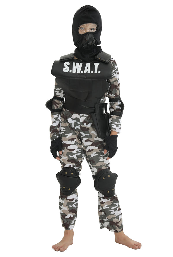 Kids SWAT tactical costume with urban camo jumpsuit and black tactical vest