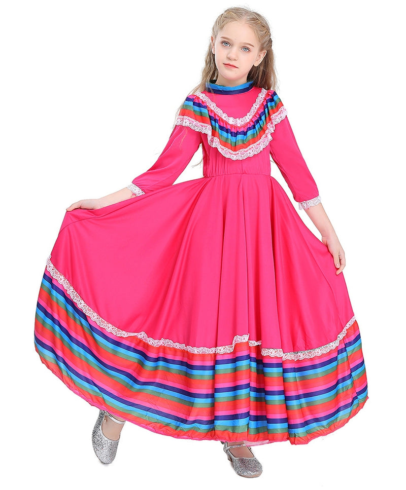 Bright pink Mexican folk dress with rainbow striped panels and white lace trim