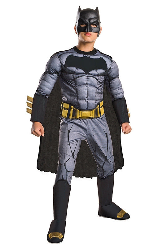 Kids grey armoured hero muscle costume with bat cape and mask front view