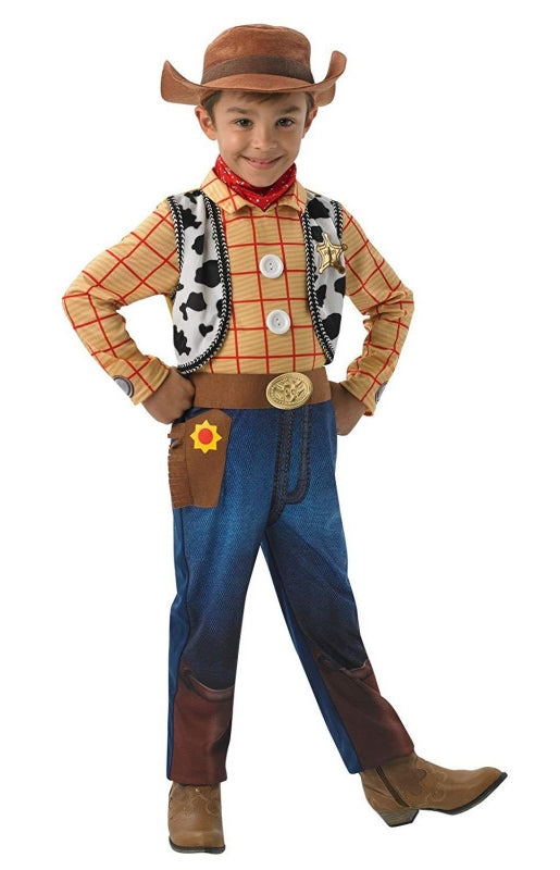 Kids cowboy sheriff costume with checkered shirt and cow-print vest jumpsuit