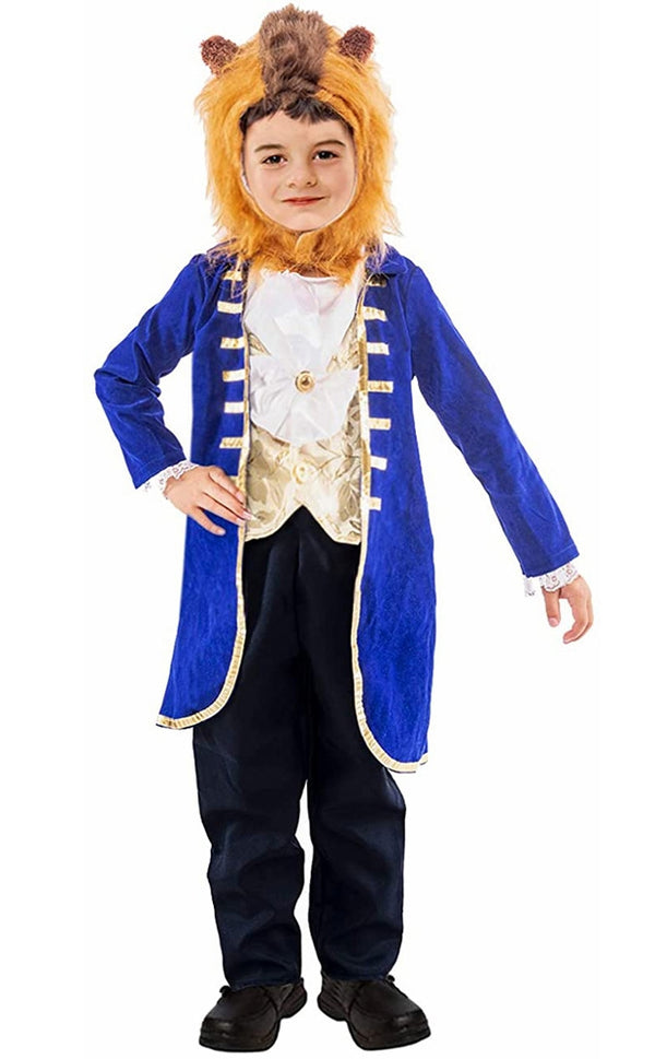 Child wearing blue velvet prince coat with gold vest panel and furry beast hood