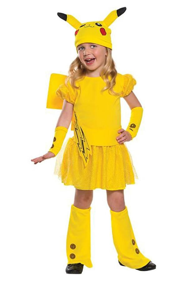 Child wearing bright yellow electric mouse costume with tutu skirt and character hood