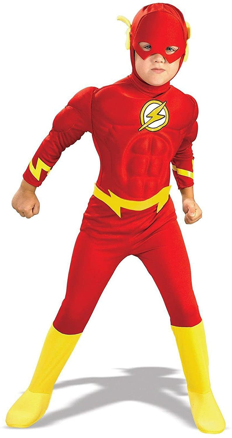 Child wearing red speedster superhero costume with yellow lightning bolt and muscle chest padding