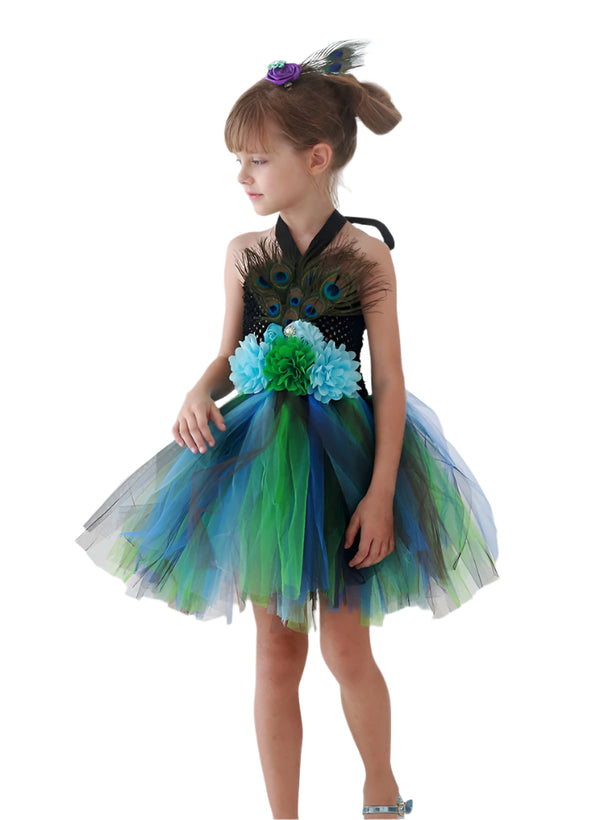 Kids peacock tutu costume with black sequinned bodice and real feather detail