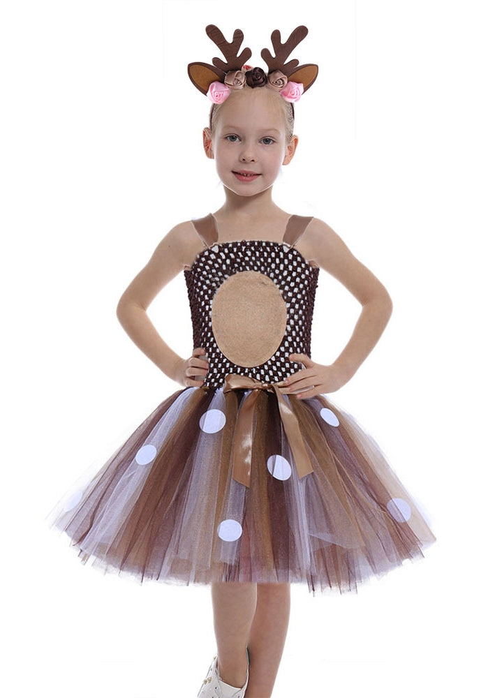 Kids reindeer tutu costume with brown spotted bodice and white tulle skirt