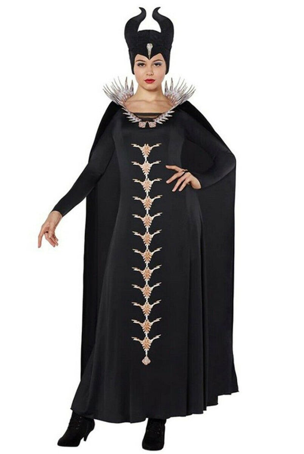 Black hooded cape costume with curved horns and spiked collar, full length draping