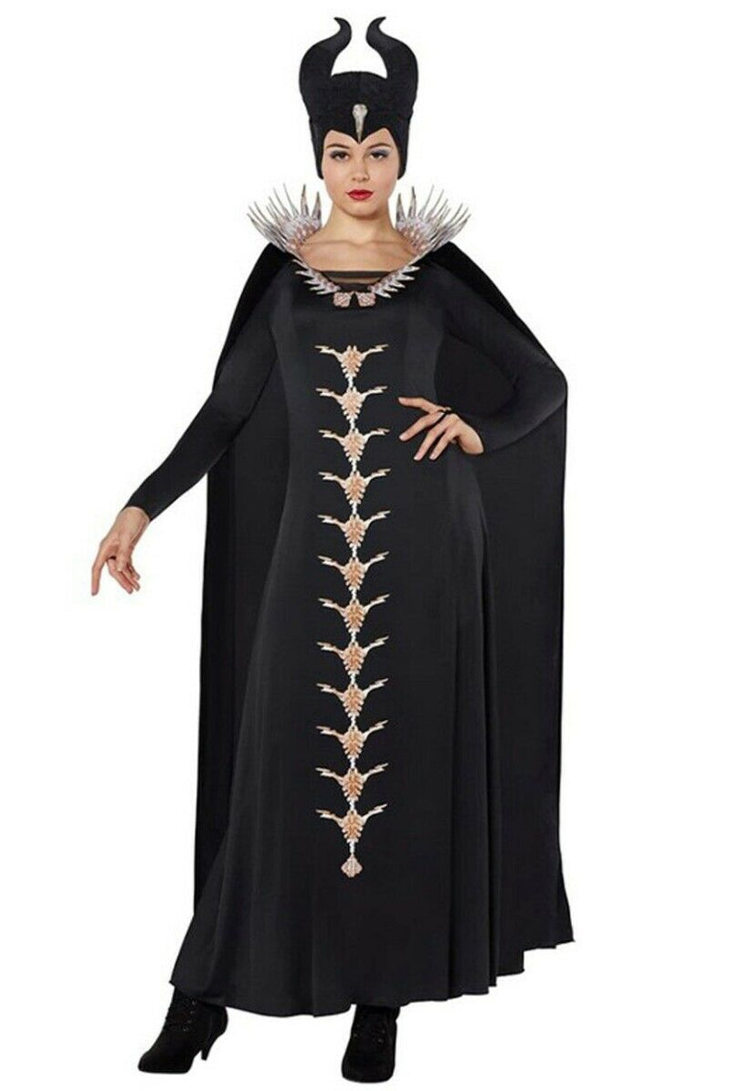 Black hooded cape costume with curved horns and spiked collar, full length draping