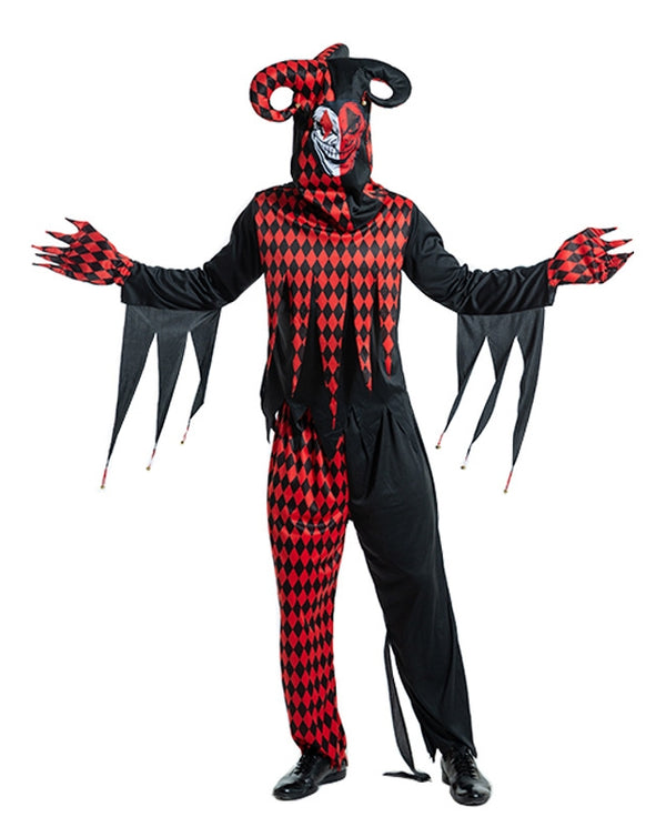 Adult evil jester costume with red and black harlequin pattern, horned hood and demon face mask