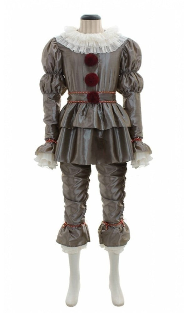 Adult wearing silver Victorian clown costume with white ruff collar and burgundy pom-poms