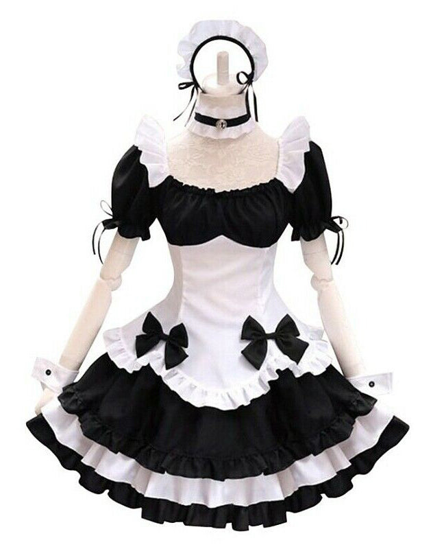 Black and white French maid costume for kids with ruffled apron and bonnet