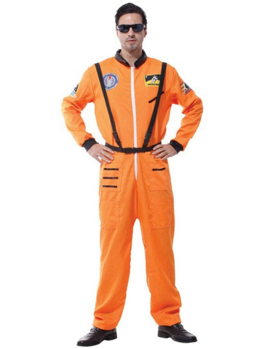 Kids orange astronaut flight suit costume with mission patches and front zip