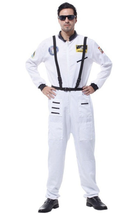 White astronaut jumpsuit costume with black harness straps and mission patches
