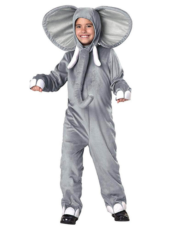 Child wearing grey plush elephant onesie with trunk and tusks for Book Week