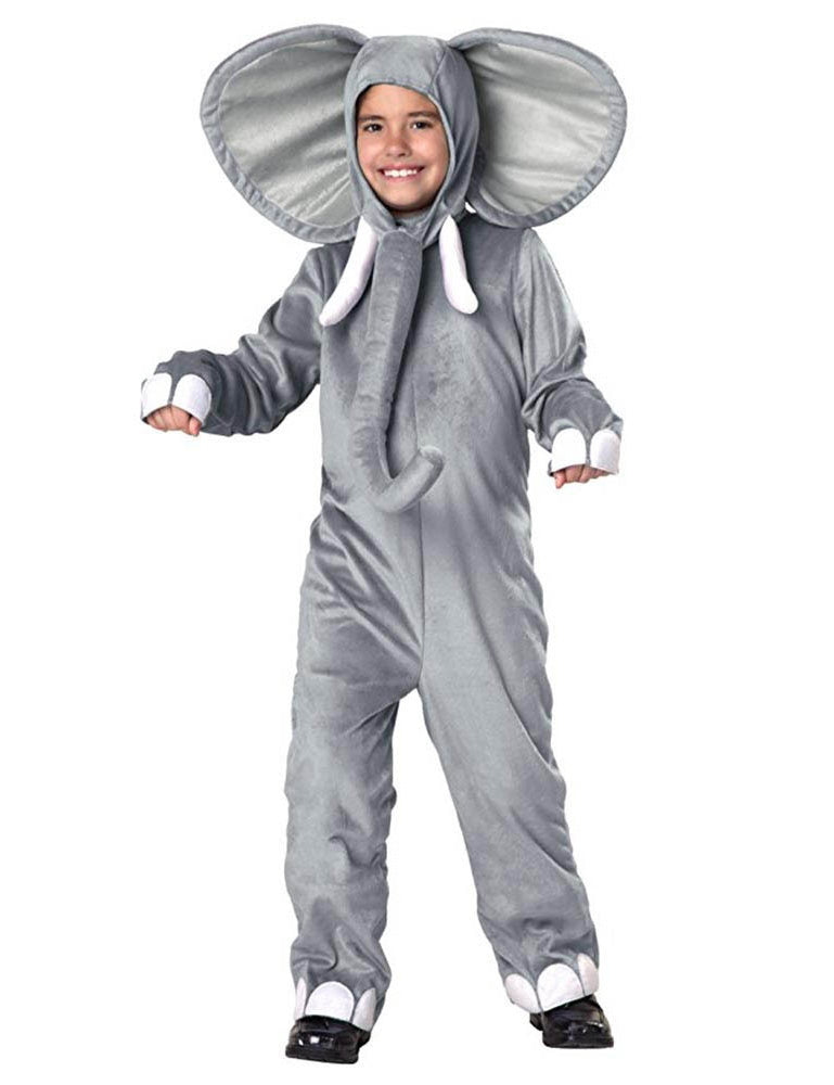 Child wearing grey plush elephant onesie with trunk and tusks for Book Week